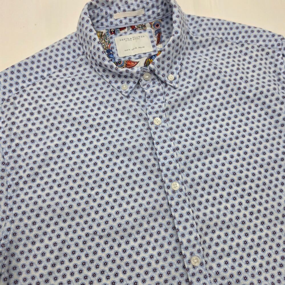 Denim& Flower Ricky Singh Men's M Button Front Shirt Blue Geometric Short Sleeve
